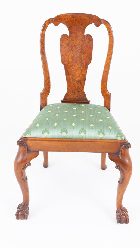 Set of 8 ( 6 + 2 ) Burr Walnut Queen Anne Style Dining Chairs.