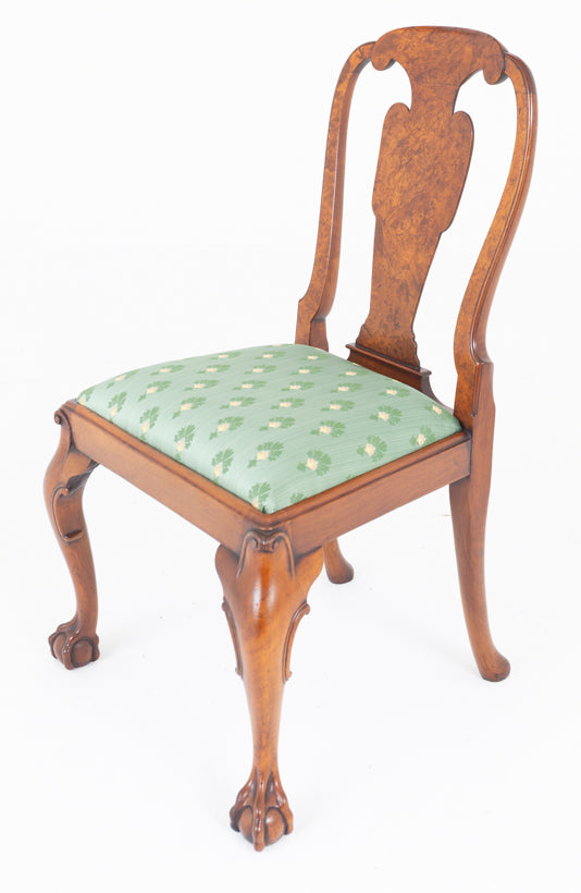 Set of 8 ( 6 + 2 ) Burr Walnut Queen Anne Style Dining Chairs.