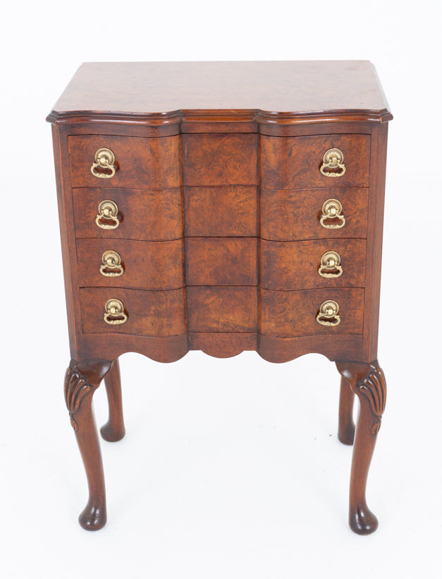 Elegant Burr Walnut Queen Anne Style Bedside Chest of Drawers
