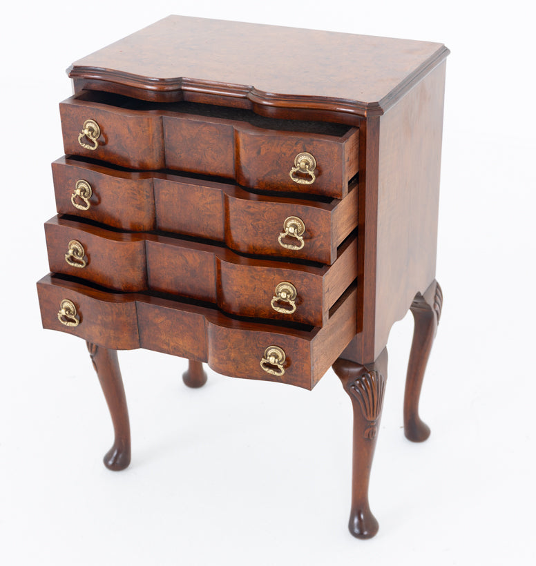Elegant Burr Walnut Queen Anne Style Bedside Chest of Drawers