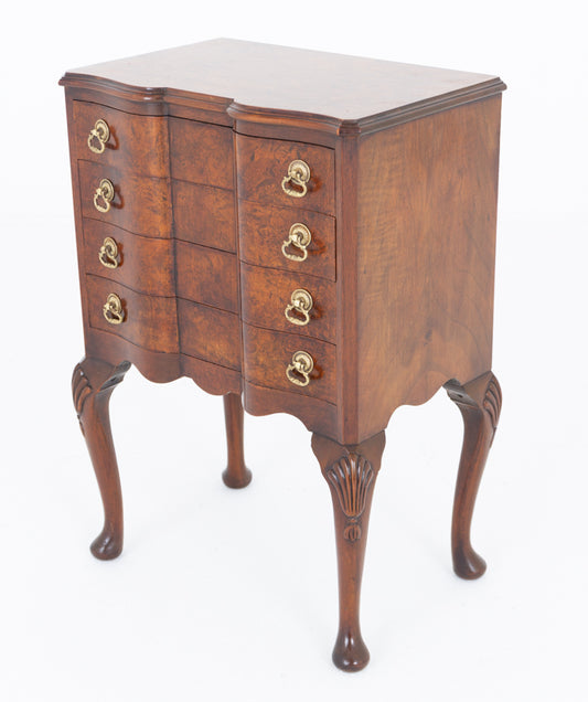 Elegant Burr Walnut Queen Anne Style Bedside Chest of Drawers