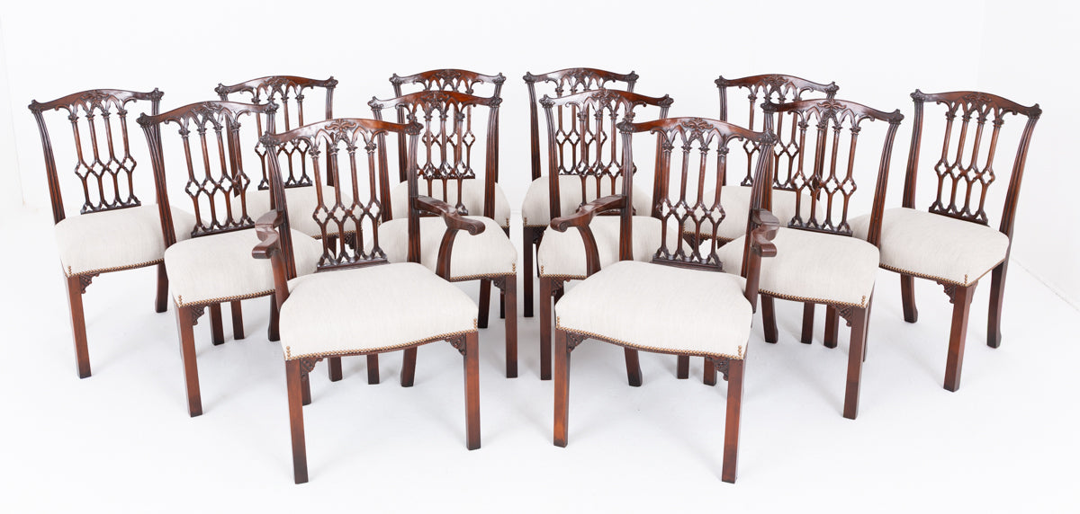 Good Set of 12 (10 + 2 ) Mahogany Gothic Style Dining Chairs