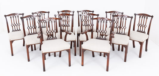 Good Set of 12 (10 + 2 ) Mahogany Gothic Style Dining Chairs