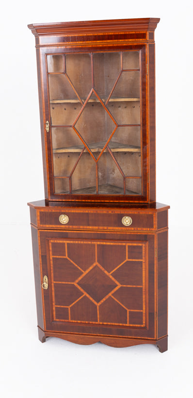 Sheraton Revival Mahogany Inlaid Corner Cabinet