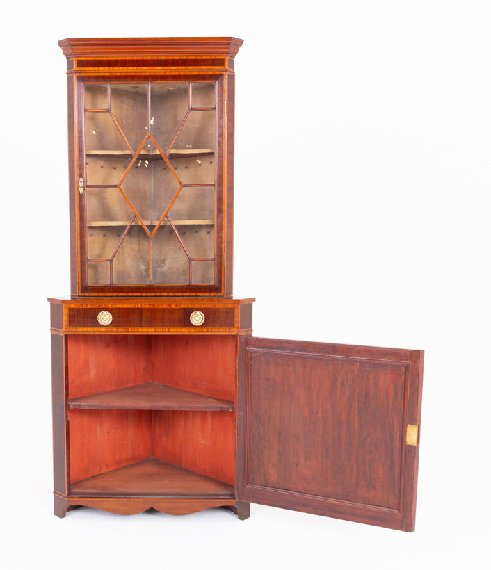 Sheraton Revival Mahogany Inlaid Corner Cabinet