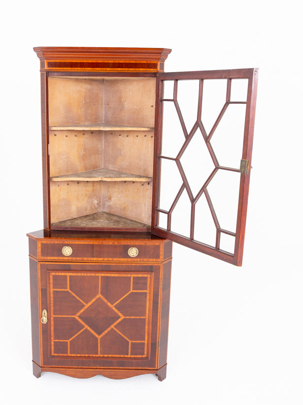 Sheraton Revival Mahogany Inlaid Corner Cabinet