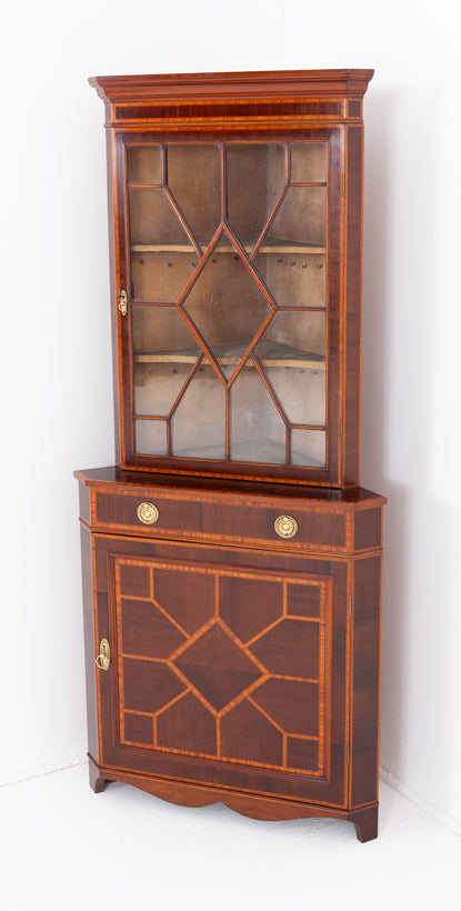 Sheraton Revival Mahogany Inlaid Corner Cabinet