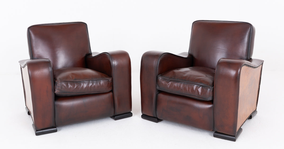 Impressive Pair of Walnut and Leather Art Deco Club Chairs