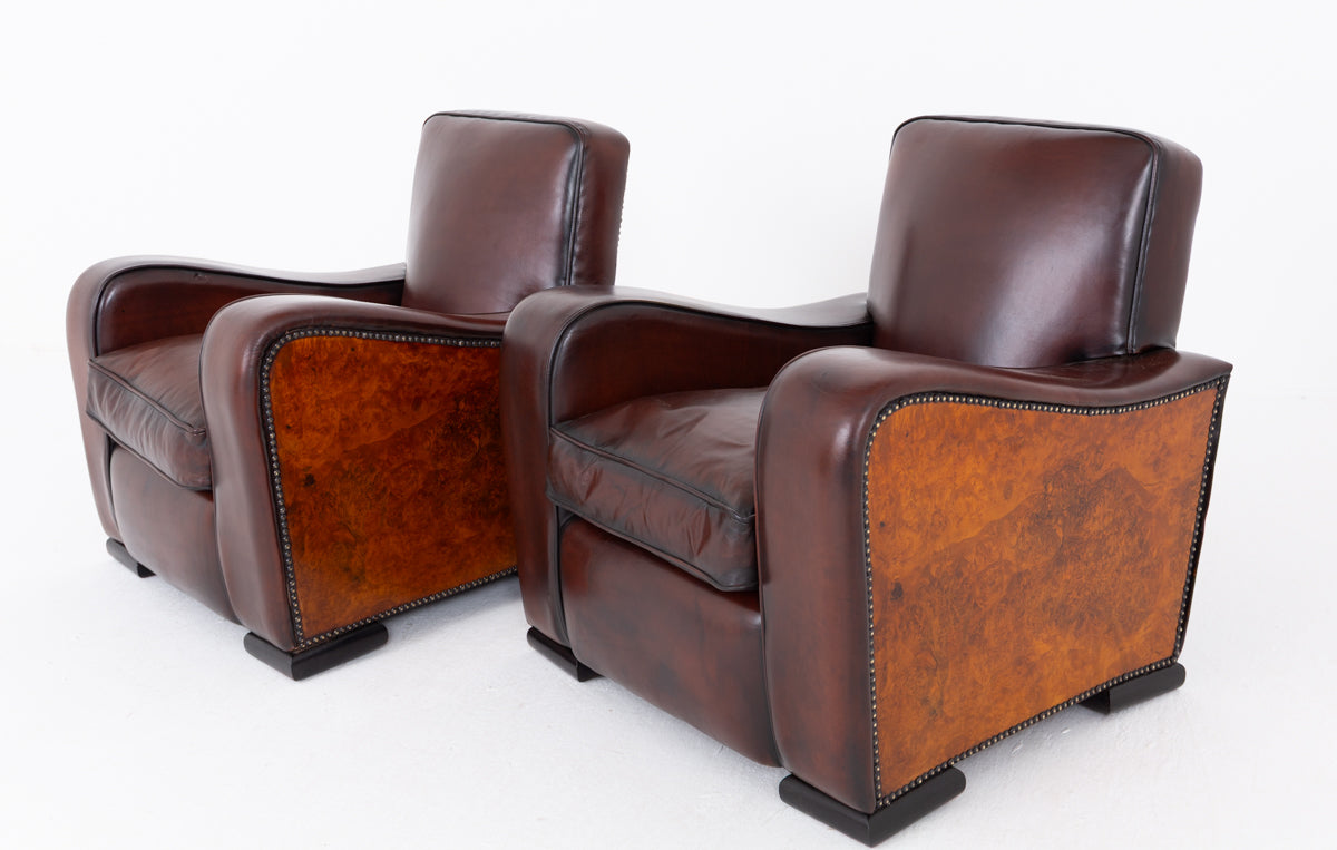 Impressive Pair of Walnut and Leather Art Deco Club Chairs