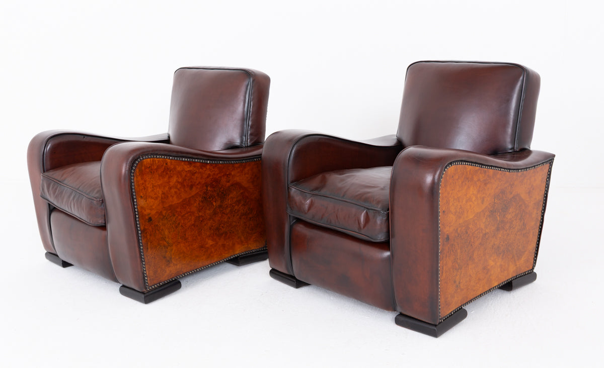 Impressive Pair of Walnut and Leather Art Deco Club Chairs