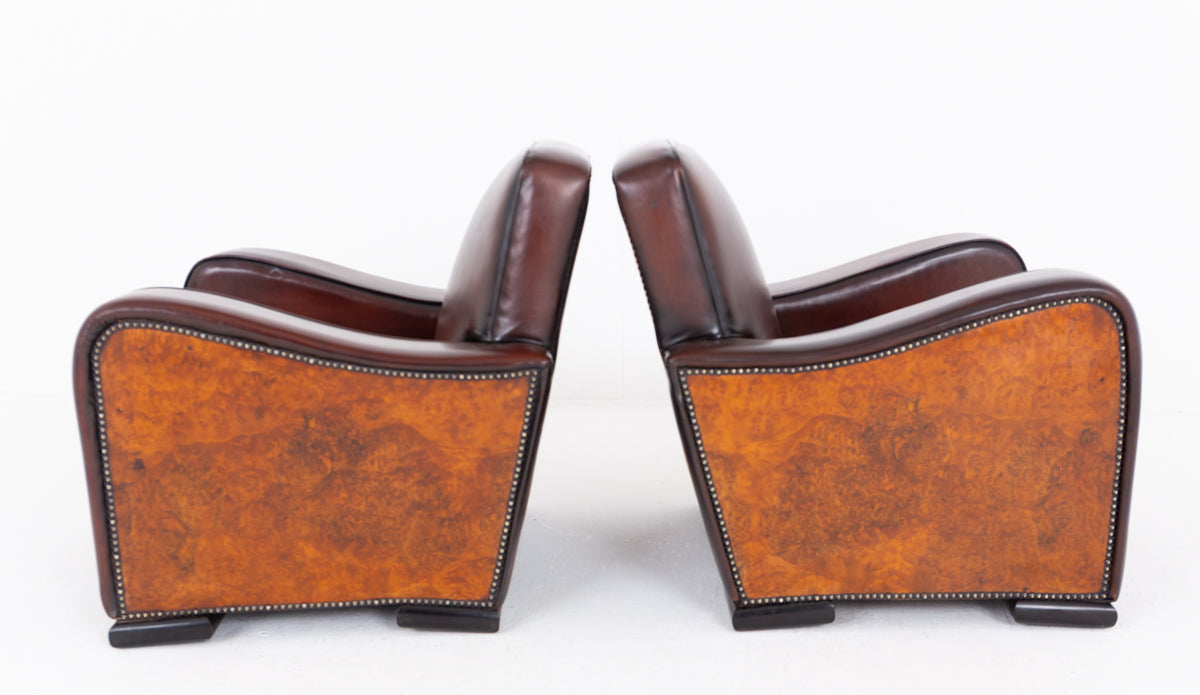 Impressive Pair of Walnut and Leather Art Deco Club Chairs