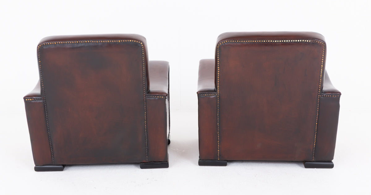 Impressive Pair of Walnut and Leather Art Deco Club Chairs