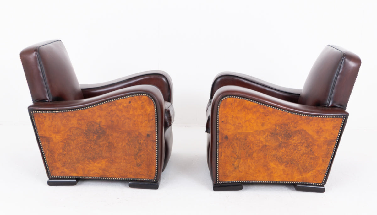 Impressive Pair of Walnut and Leather Art Deco Club Chairs