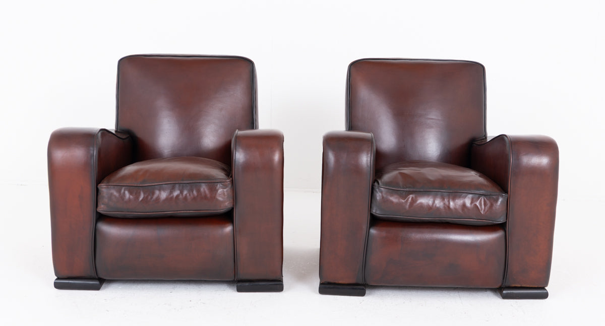 Impressive Pair of Walnut and Leather Art Deco Club Chairs