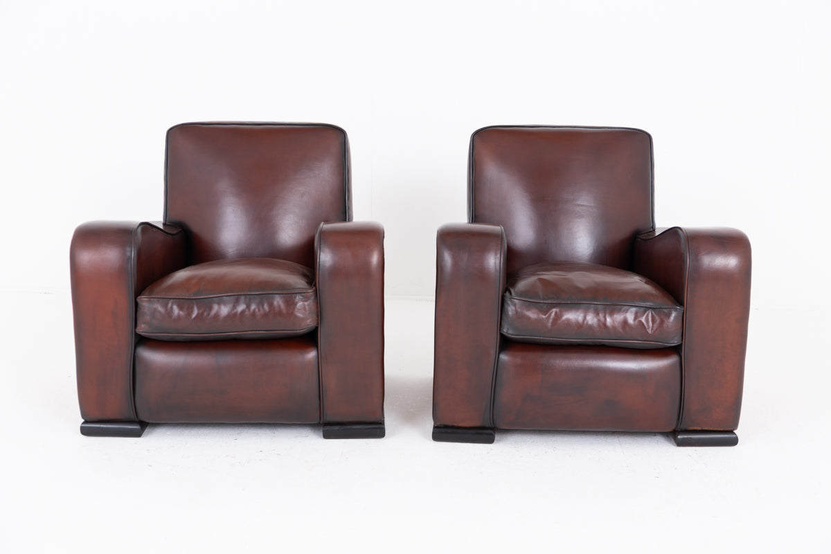 Impressive Pair of Walnut and Leather Art Deco Club Chairs