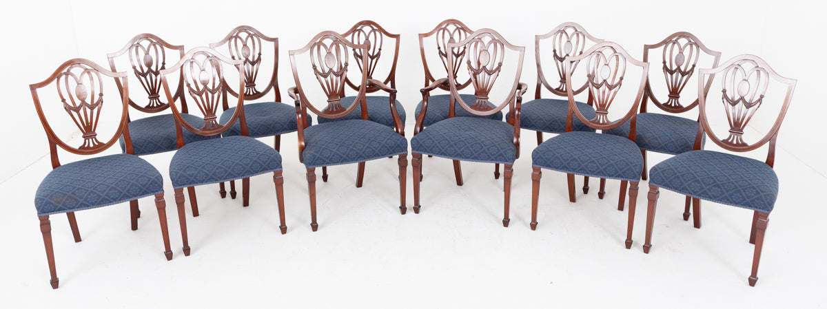 Good Set of 12 (10 + 2) Hepplewhite Style Mahogany Dining Chairs